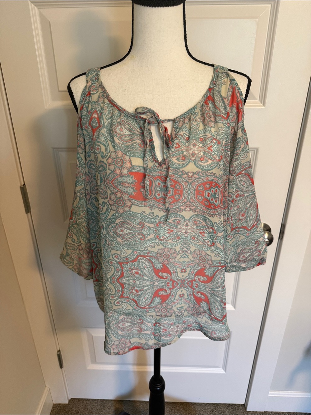 Maurices| Paisley Printed Tie-Neck Cold-Shoulder Blouse - Coral & Turquoise